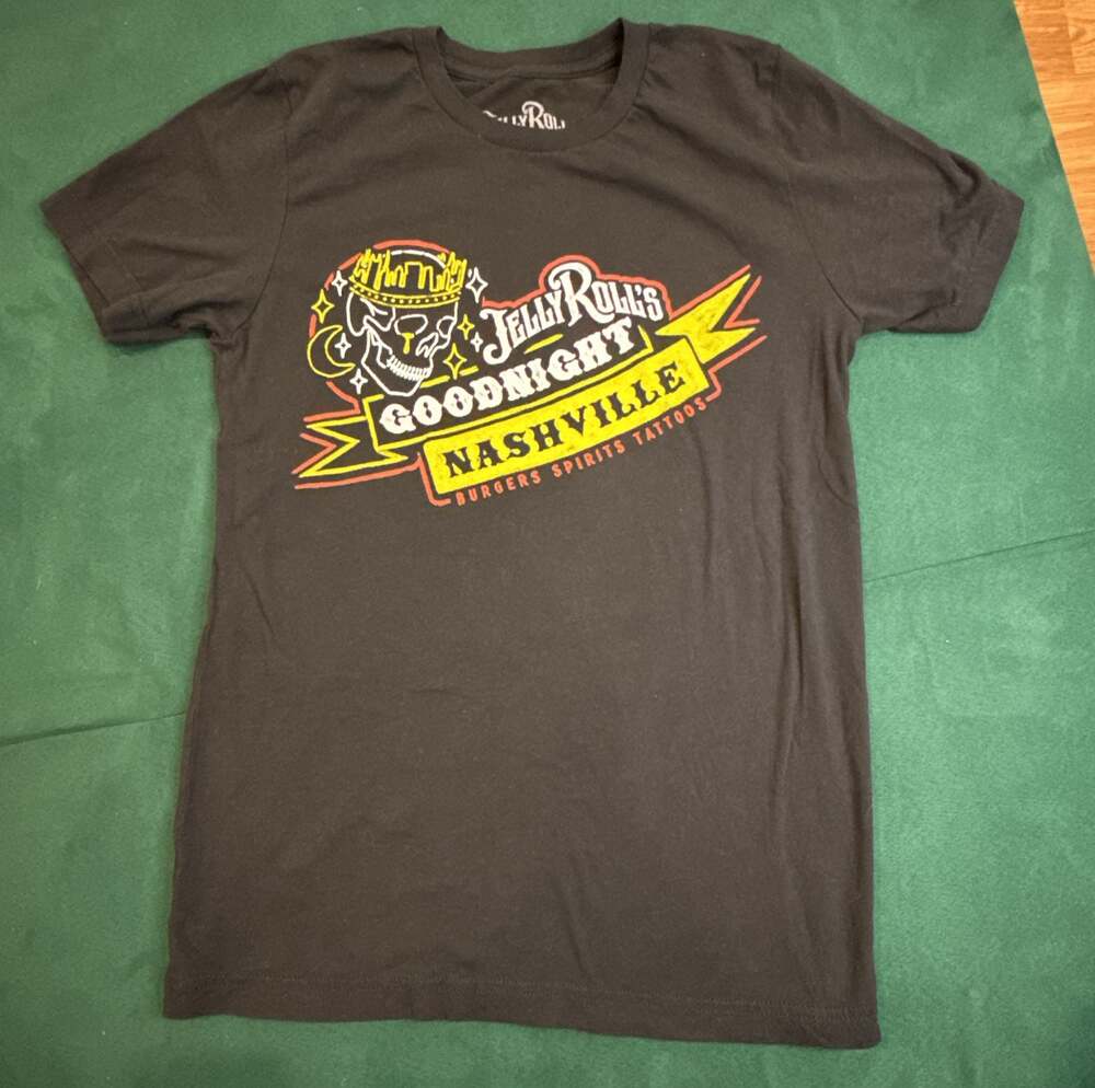 Jelly Roll Goodnight Nashville T-Shirt Size Small Black Burgers Spirits Tattoos